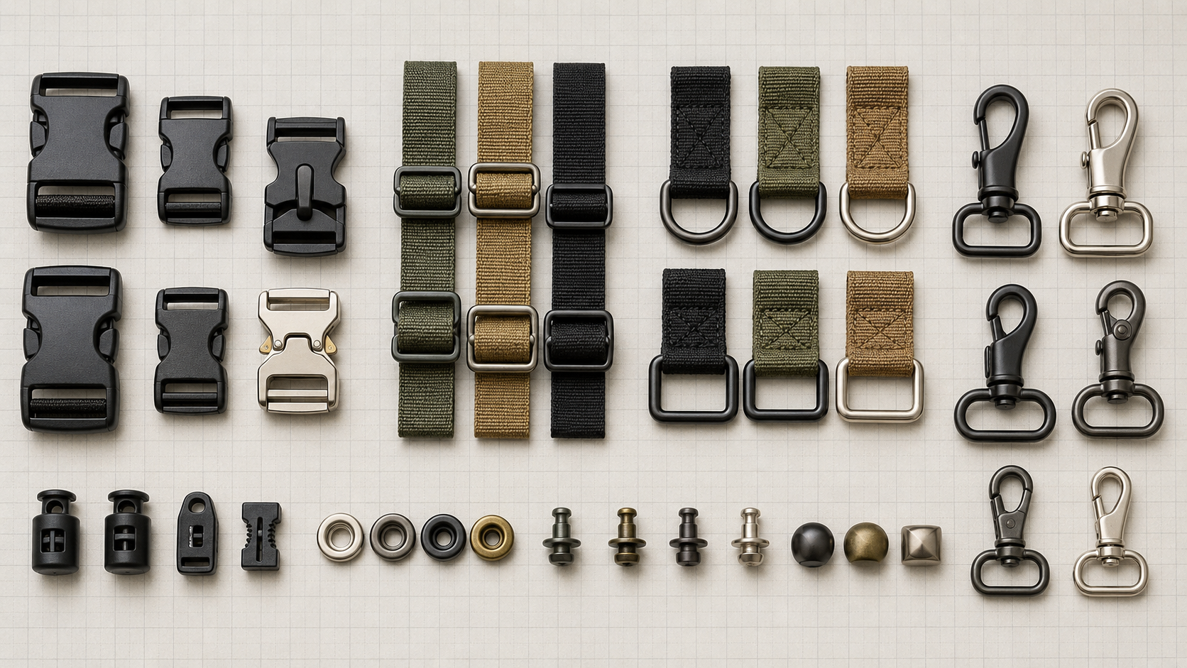 Buckles, rings and swivel hooks